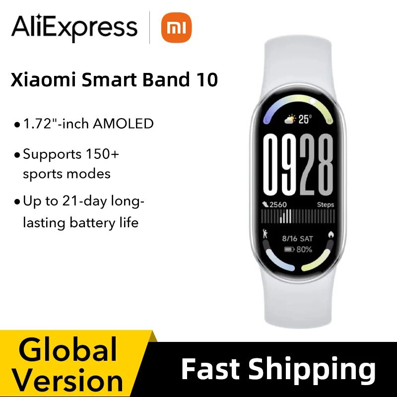Xiaomi Smart Band 10 Global Version 1.72" AMOLED Fitness Tracker with Blood Oxygen, Heart Rate & 150+ Sports Modes
