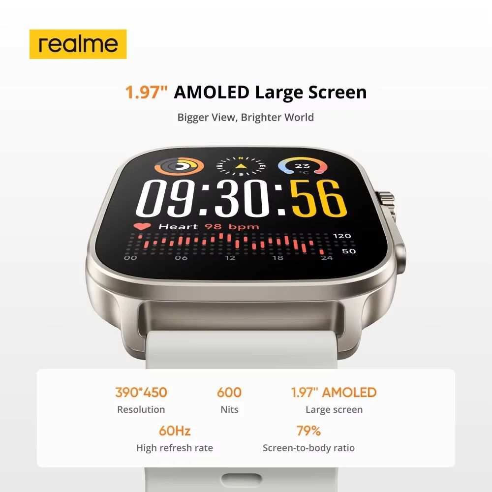 Original realme Watch 5 Global Version Smartwatch – GPS, 1.97" 600-Nits AMOLED Display, 460mAh Battery, Up to 14 Days Battery Life, IP68 Waterproof, 300+ Watch Faces