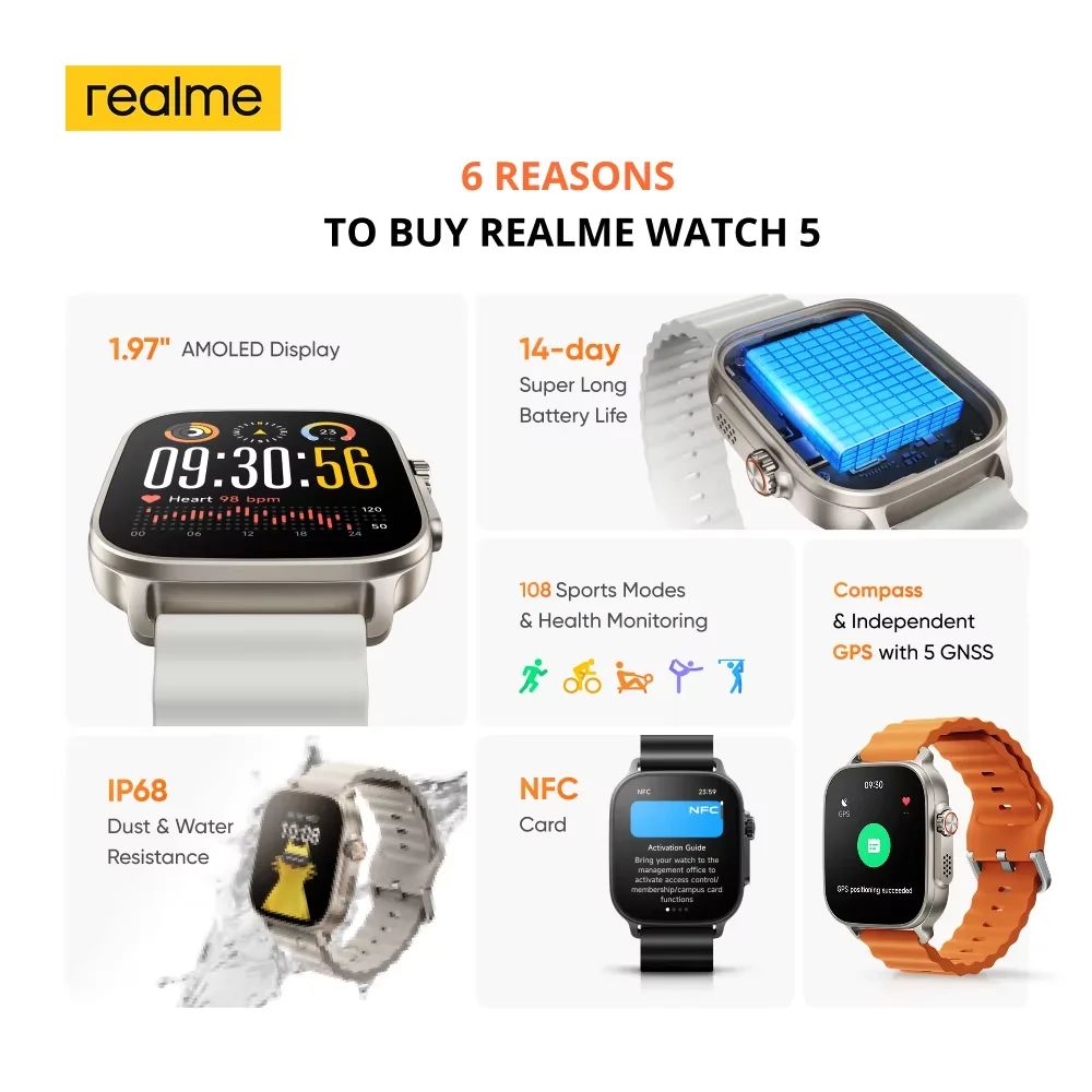 Original realme Watch 5 Global Version Smartwatch – GPS, 1.97" 600-Nits AMOLED Display, 460mAh Battery, Up to 14 Days Battery Life, IP68 Waterproof, 300+ Watch Faces